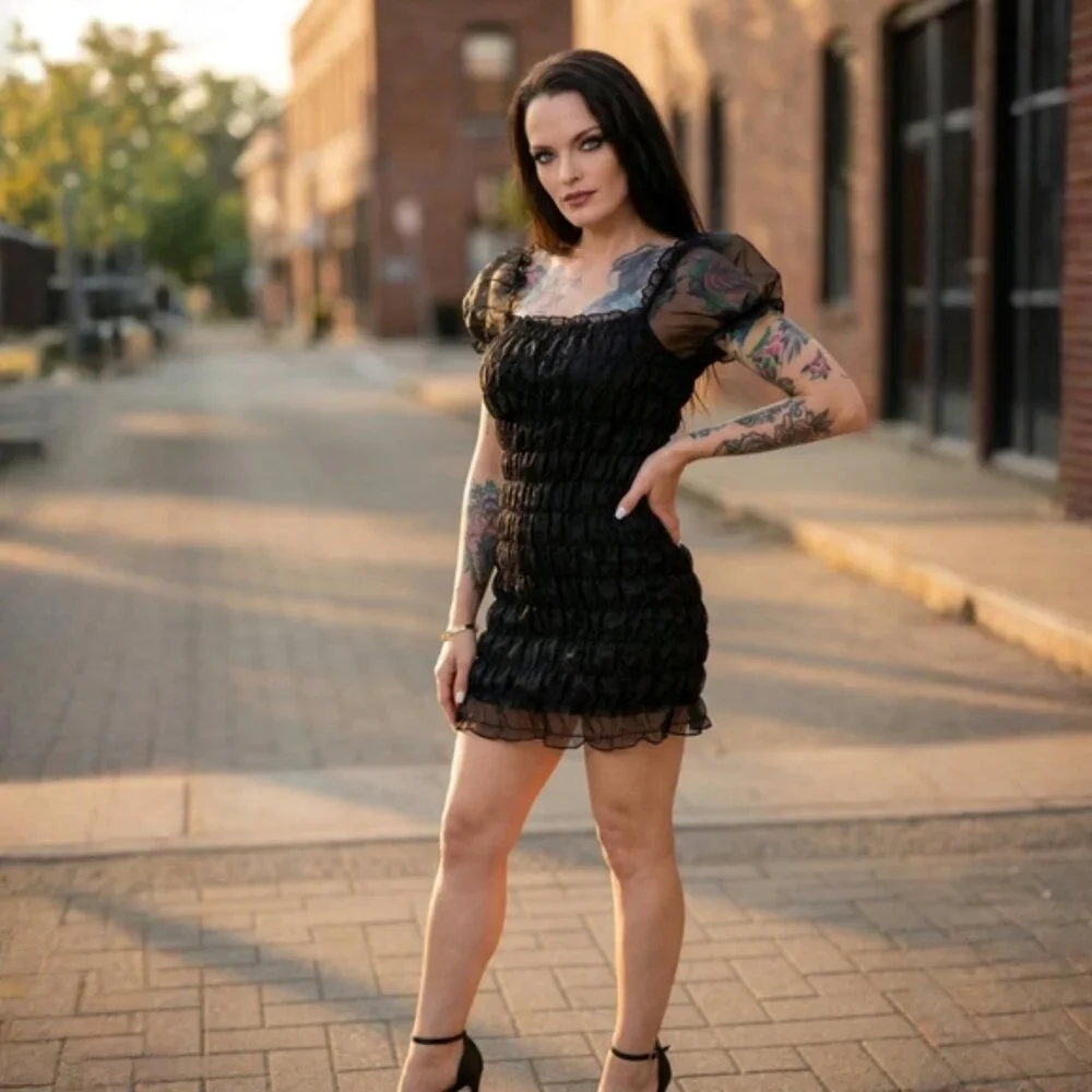 Motel ✦ Lenira Black Textured Mini Dress ✦ Puff Sheer Sleeve Square Neck M NWT - Picture 2 of 9